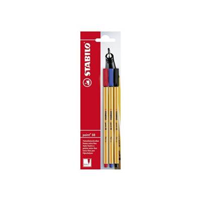 Lot de 3 Stylo-Feutre POINT 88 Pointe Fine 0,4 mm rouge, bleu, noir - STABILO