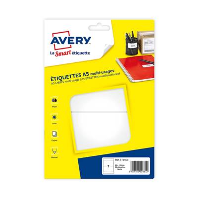 Sachet de 32 étiquettes multi-usage blanches 80 x 140 mm. Planche format A5 - Avery