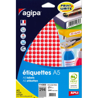 Etui A5 ( 10F ) de 2940 Pastilles Gommettes Rondes 8 mm Rouge - Apli-Agipa
