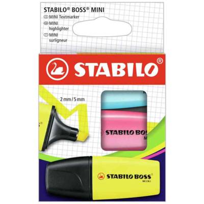 Surligneur BOSS MINI, étui en carton de 3 jaune, bleu et rose - STABILO