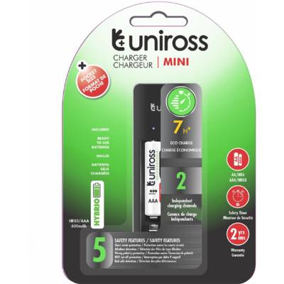 Chargeur Mini Pour 1 à 2 piles AA/AAA + 2 Piles AAA rechargeables inclus - UNIROSS