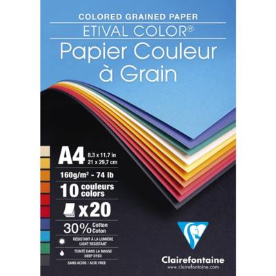 Bloc dessin à grain Couleurs A4 20 feuilles couleurs assorties 160g - CLAIREFONTAINE