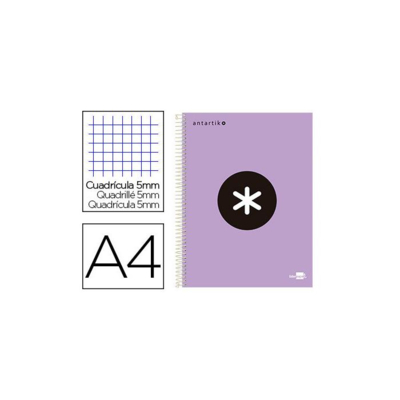 Cahier spirale A4 240p 100g rembordé quadrillage 5mm microperforé 5 bandes 4 trous coloris lavande - Antartik