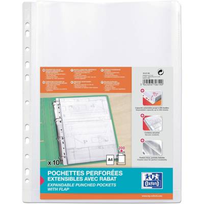 Sachet de 10 pochettes plan à soufflet rabat A4 PP 0,2 mm - OXFORD