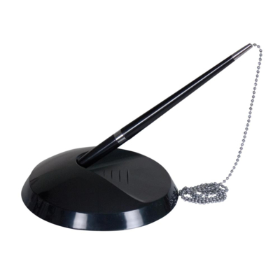 Stylo-bille sur socle plastique lesté noir chaînette nickelée rechargeable trait bleu - Q-connect