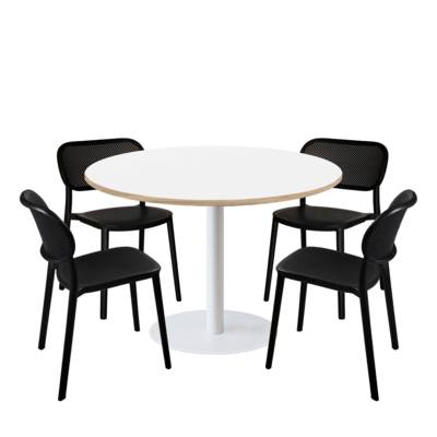 Lot table Ø120cm & 4 chaises - pied blanc plateau blanc chants bois - intérieur - RestooTab