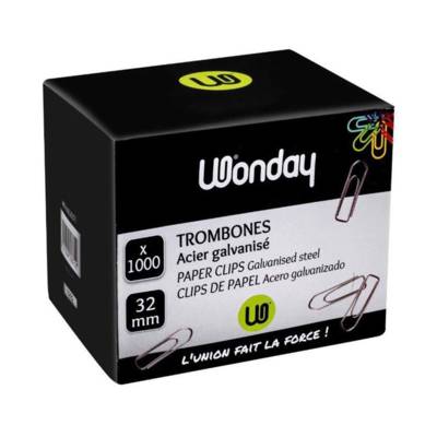 Boite de 1000 attaches lettres Trombones 32mm en acier galvanisé - WONDAY