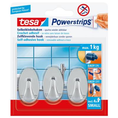 Pack 3 Crochets Adhésifs Powerstrips SMALL + 4 Powerstrips Ovale chrome - TESA