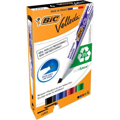 Pack 4 Feutres tableau blanc effaçable 1751 ECOLUTIONS Pointe Biseau Large N/B/R/V - BIC