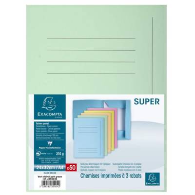 Paquet 50 chemises imprimées 3 rabats SUPER 210g 24x32cm Vert Clair - Exacompta