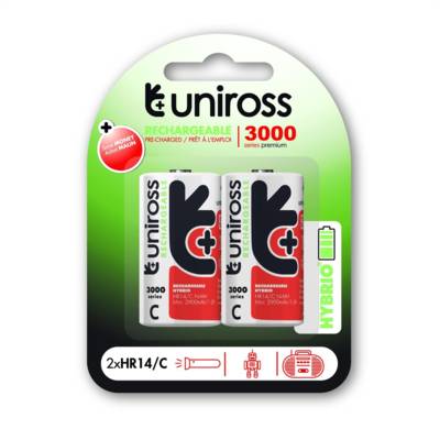 Pack de 2 Piles Rechargeable C/HR14 3000 NIMH HYBRIO, 1.2V - UNIROSS