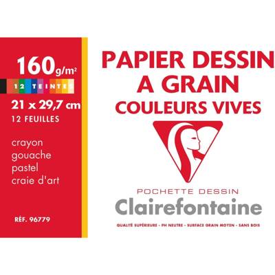 Pochette 12 feuilles Dessin à grain 160g A4 Vives assorties - CLAIREFONTAINE