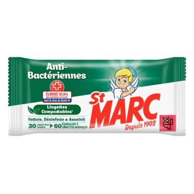 Sachet de 30 lingettes Extra larges = 60 normales Compostables Anti-Bactériennes - ST MARC