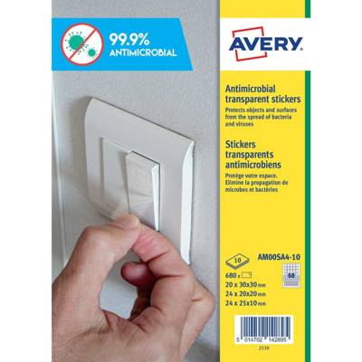 Etui de 680 Stickers carré antimicrobien transparent format assorti - AVERY