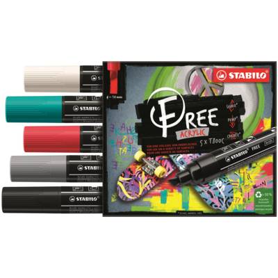 Etui carton 5 marqueurs pointe large FREE acrylic T800C Set 2 "Bold" - STABILO