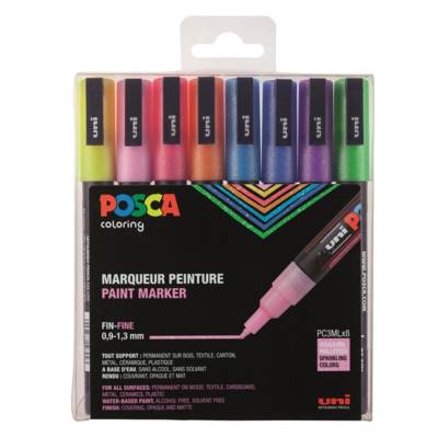 Set de 8 Marqueurs PC3ML pointe conique fine en plastique Pailleté - UNI-BALL
