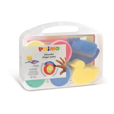 Gouache aux doigts en pot, 4 couleurs. Mallette multifonction, 6 pochoirs, 1 éponge, 1 rouleau en mousse, 1 pinceau géant, 1 nappe de protection. 100 g - PRIMO