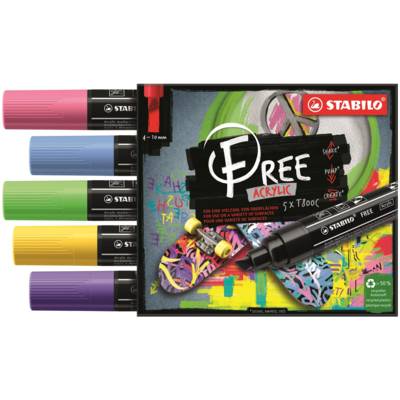Etui carton 5 marqueurs pointe large FREE acrylic T800C Set 1 "Seaside" - STABILO