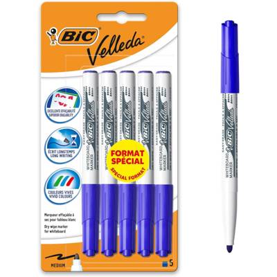 Pack de 5 Feutres effaçable a sec pointe ogive moyenne Bleu - VELLEDA