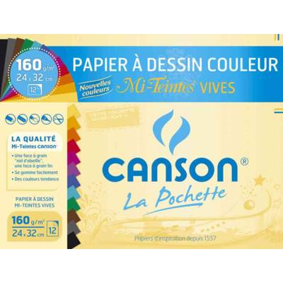 Pochette de 12 feuilles de papier dessin Mi-Teintes 320 x 240 mm 160g couleurs vives - CANSON