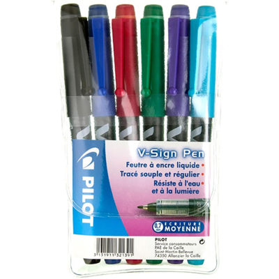 Pochette de 6 stylos feutre V-Sign pointe moyenne 0.6mm couleurs assortis - Pilot