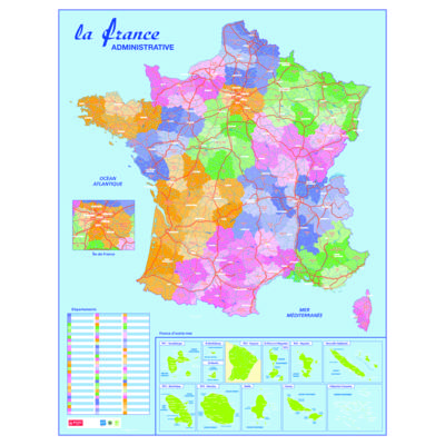 Carte murale souple pelliculée effaçable "France Administrative" 84,5 x 66 cm - BOUCHUT