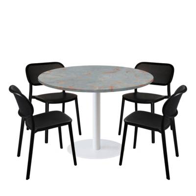 Lot table Ø120cm & 4 chaises - pied blanc plateau gris rouille - intérieur - RestooTab