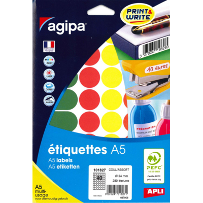 Etui A5 ( 7F ) de 280 Pastilles Gommettes Rondes 24 mm Assorties - Apli-Agipa