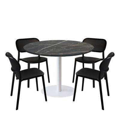 Lot table Ø120cm & 4 chaises - pied blanc plateau marbre tamas - intérieur - RestooTab
