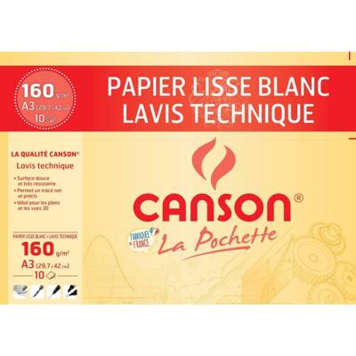 Pochette 10 Feuilles Dessin Lavis Technique lisse A3 160g Blanc - CANSON