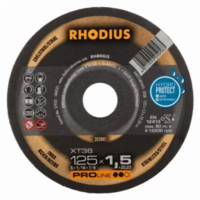 Disque à tronçonner RHODIUS XT38 - Ø125 mm x 1.5 x 22.23 mm - Acier Inox - 203881 - RHODIUS SARL