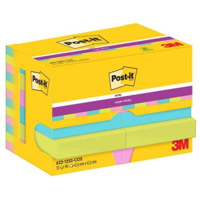 Bloc-note adhésif Super Sticky Notes, 47,6 x 47,6 mm Turquoise, Vert, Rose - Post-it