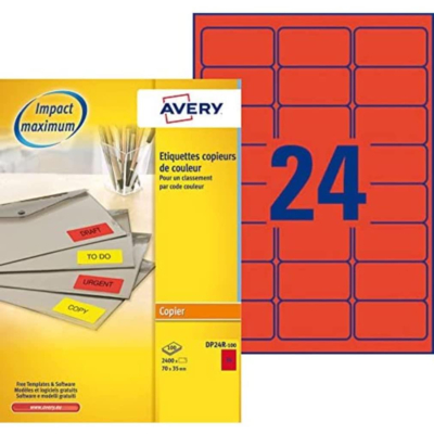 Boîte de 2400 étiquettes copieur 70X35 rouge fluo DP24R-100 - AVERY Zweckform