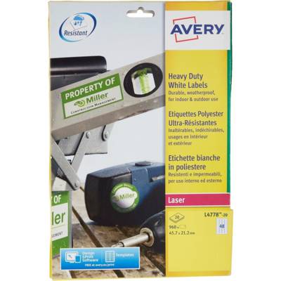 Boite de 960 étiquettes laser inalterables blanches 45,7x21,2mm L4778-20 - AVERY ZWECKFORM