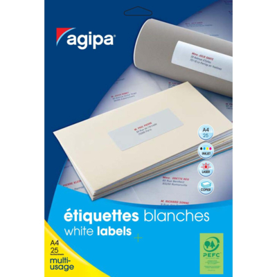 Etui de 300 étiquettes 63,5 mm (12 x 25F A4) Multi-usage Coin Rond Permanent Blanc - Apli-Agipa