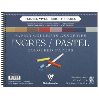 Bloc 25 feuilles papier Ingres spirale 24x30 130g couleurs vives assorties - CLAIREFONTAINE