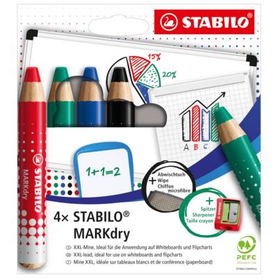 Etui carton x 4 crayons marqueurs MARKdry + 1 taille-crayon + 1 chiffonnette - STABILO