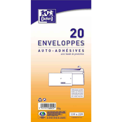 Paquet de 20 enveloppes précasées DL 110 x 220 mm 80g Blanche - Oxford