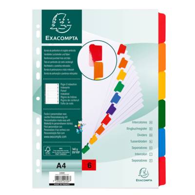 Jeu d'intercalaire 6 positions en carte blanche 170g, onglets Mylar®. Format A4. - EXACOMPTA