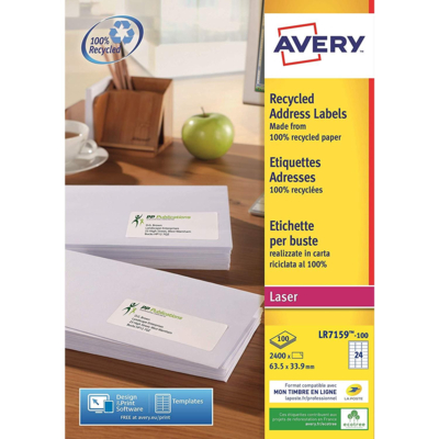 Boîte de 2400 étiquettes d'adresse recyclées blanches 63,5 x 33,9 mm - Avery