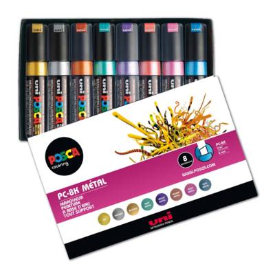Boîte de 8 marqueurs pointe large biseautée pc8k/8metal09 8mm assorti métal - POSCA