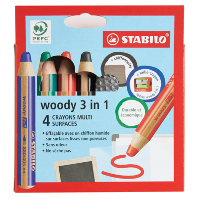 Kit 4 crayons multisurfaces woody 3in1 + taille crayon + chiffon + ardoise - STABILO