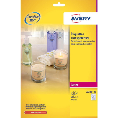 L7780-25 - 600 étiquettes transparentes rondes 40 mm brillantes Impression laser - Avery
