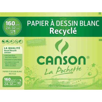Pochette de 10 feuilles de papier dessin recyclé 160g 24x32 cm Blanc - CANSON