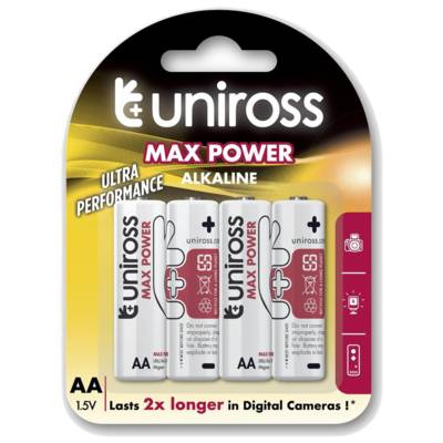 Pack de 4 Piles Alcalines AA-LR6 Max Power High Tech 1,5V - UNIROSS