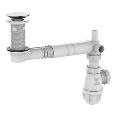 Tubulure extra-plate lavabo avec bonde intégrée h100mm recoupable, clapet inox digiclic ou fixe, serrage 5.87 mm, avec.sans trop plein, sortie 1''1.4, 2 prises màl, siphon bi-matière , encombrement 40mm sous vasque - Gedimat - VALENTIN