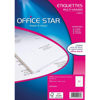 Boîte de 2700 étiquettes multi-usage blanches 70 x 31 mm - OFFICE STAR