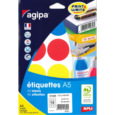 Etui de 84 Pastilles Gommettes Rondes 45 mm sur 7 feuilles A5 couleurs assorties - Apli-Agipa