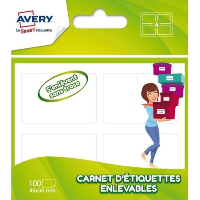 100 étiquettes blanches enlevables en carnet - 45 x 30 mm - Avery