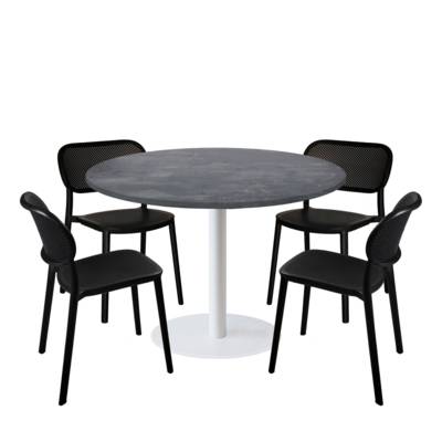 Lot table Ø120cm & 4 chaises - pied blanc plateau ardoise métallisée - intérieur - RestooTab